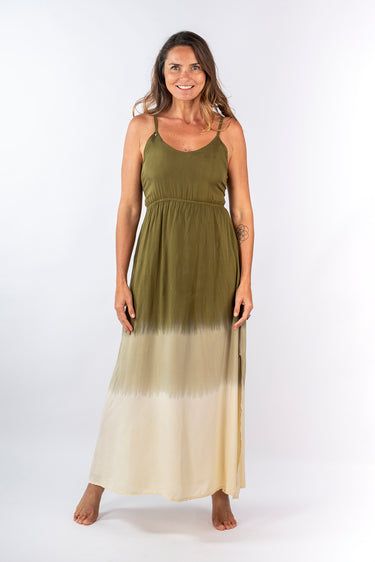 Front view of multicolor dip-dye green beige Laura Empire Waist Maxi Dress maxi silhouette relaxed fit resort