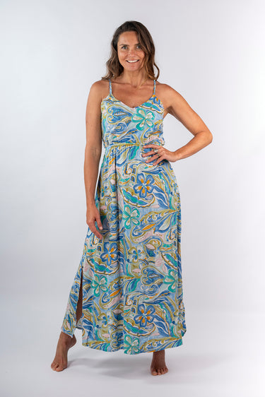Front view of floral multicolor Laura Empire Waist Maxi Dress maxi silhouette relaxed fit resort