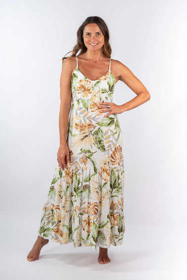 Front view of multicolor print Michelle Ruffle Maxi Dress With Adjustable Straps maxi silhouette resort