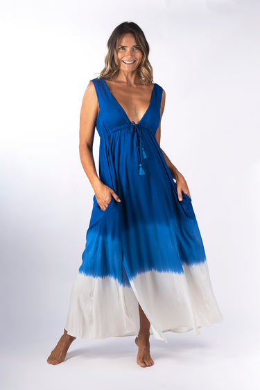 Front view of blue hand-dipped Abbey Deep V-Neck Maxi Dress full-length silhouette relaxed fit resort