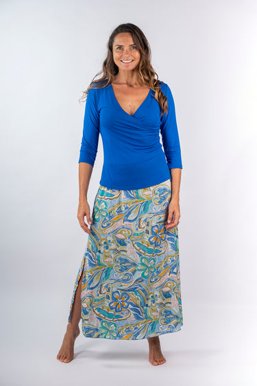Front view of floral multicolor Chelsea Maxi Skirt With Slits relaxed maxi silhouette easy fit resort