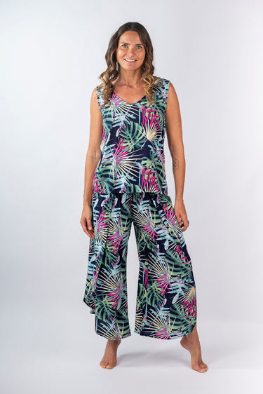 Front view of floral multicolor Sara Ankle-Length Mock Wrap Pants relaxed wide-leg silhouette resort