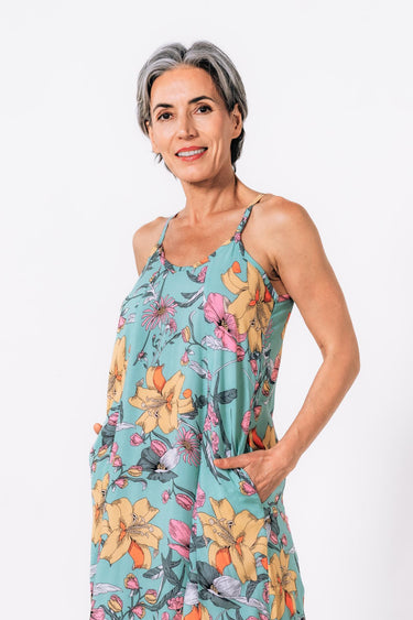 Side view of floral multicolor Kate Reversible Lattice Back Midi Dress fluid drape relaxed fit coastal