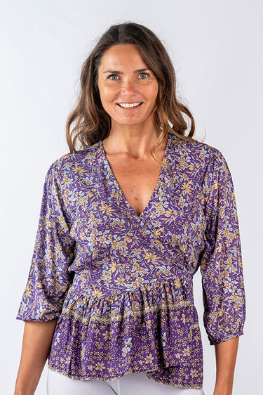 Close-up of super-soft rayon on floral pink Kiera 46115 Sleeve Ruffle Wrap Top print placement varies