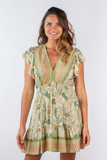 Close-up of super-soft rayon on floral soft blue Lori Flutter-Sleeve V-Neck Ruffle Dress print varies