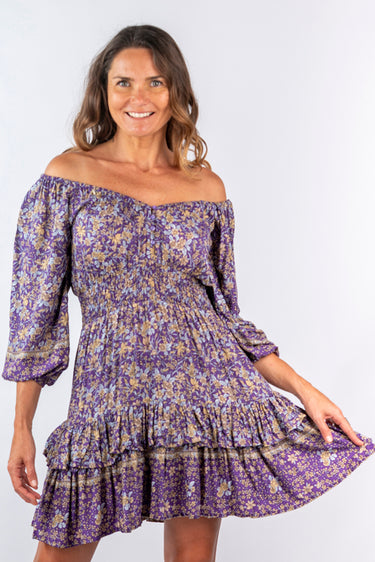 Close-up of super-soft rayon on floral pink Grace Convertible Off-Shoulder 46115 Sleeve Ruffle Dress print varies