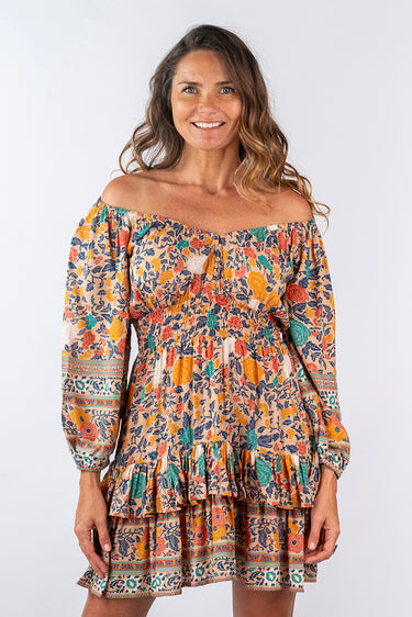 Close-up of super-soft rayon on floral multicolor Grace Convertible Off-Shoulder 46115 Sleeve Ruffle Dress print varies