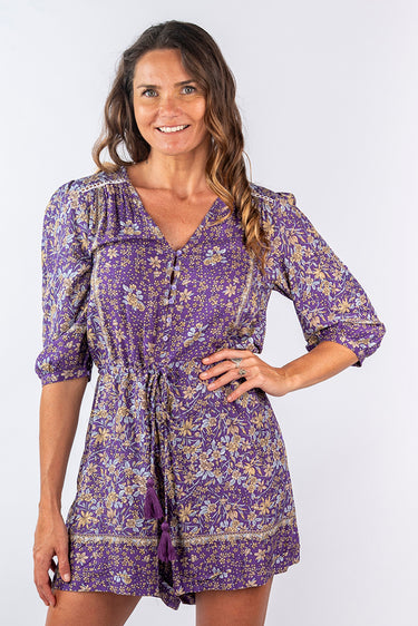 Close-up of super-soft rayon on floral pink Juliette Romper With Drawstring Waist print placement varies