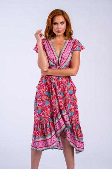 Sophie  Tie-Front High Low Dress With Flutter Sleeves