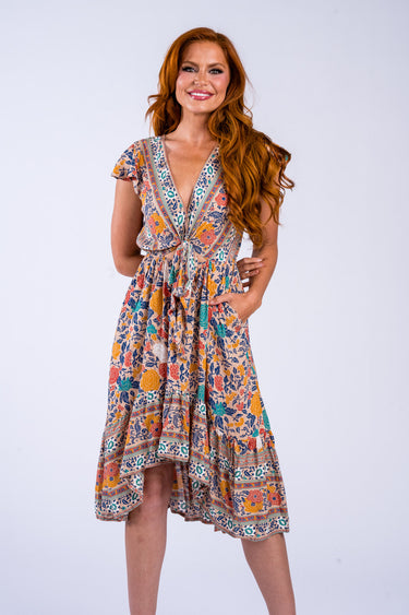 Sophie  Tie-Front High Low Dress With Flutter Sleeves