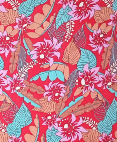 Detail of floral purple pink Madison Convertible Off-Shoulder Ruffle Top super-soft rayon ruffle finish