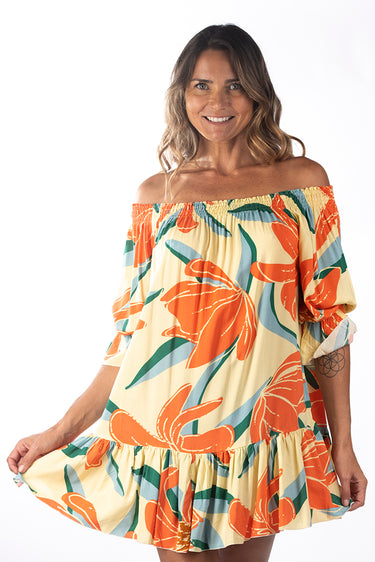 Close-up of super-soft rayon on floral multicolor Amber Convertible Off-Shoulder Ruffle Mini Dress print placement varies