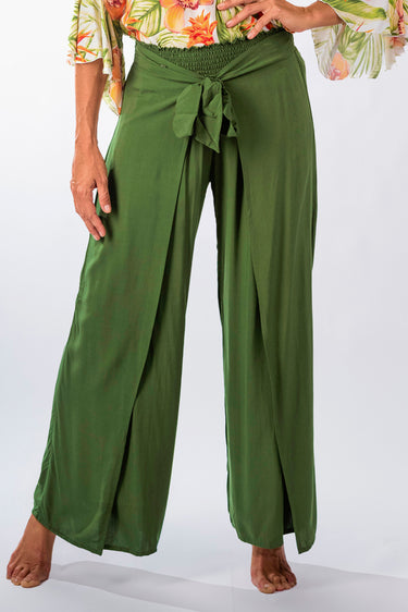 Close-up of super-soft rayon on olive green Camilla Flowy Mock Wrap Pants mock wrap detail placement varies