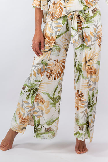 Close-up of super-soft rayon on multicolor Camilla Flowy Mock Wrap Pants tropical print placement varies