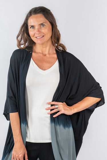 Close-up of super-soft rayon on white gray black Eve Long Kimono print placement varies