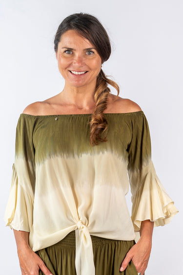 Close-up of super-soft rayon on multicolor dip-dye green beige Joy Convertible Off-Shoulder Ruffle Sleeve Top finish