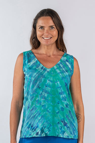 Close-up of super-soft rayon on green tie-dye blue Sophia V-Neck Tank Top artisanal tie-dye finish