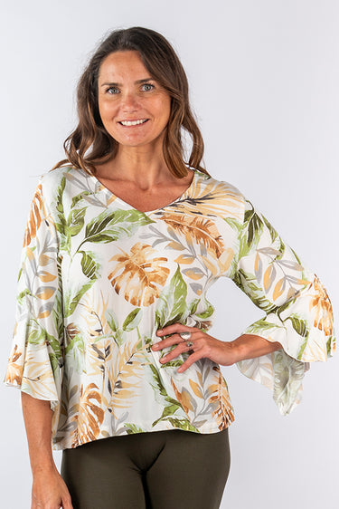 Close-up of super-soft rayon on multicolor Lily V-Neck 46115 Sleeve Ruffle Top tropical print ruffle finish