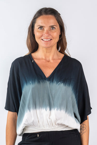 Close-up of super-soft rayon on white gray black Lela V-Neck Dolman Sleeve Top print placement varies