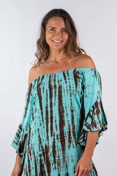 Close-up of super-soft rayon on brown tie-dye blue green Kylie Convertible Off-Shoulder Dress With Ruffle Sleeves finish