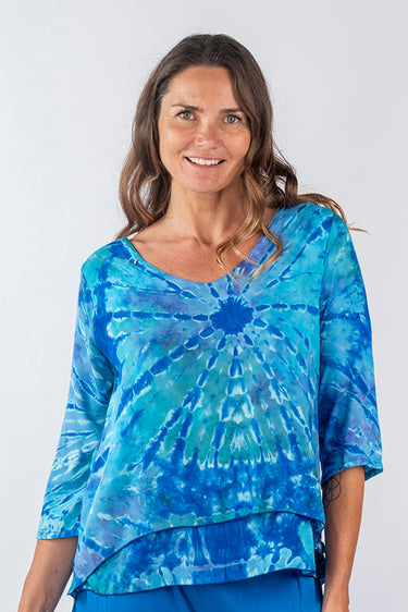 Close-up of super-soft rayon on blue green tie-dye Judy V-Neck 46115 Sleeve Tunic artisanal tie-dye finish
