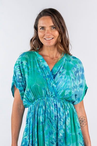 Close-up of super-soft rayon on green tie-dye blue Scarlet Short Sleeve Dress With Pockets artisanal finish