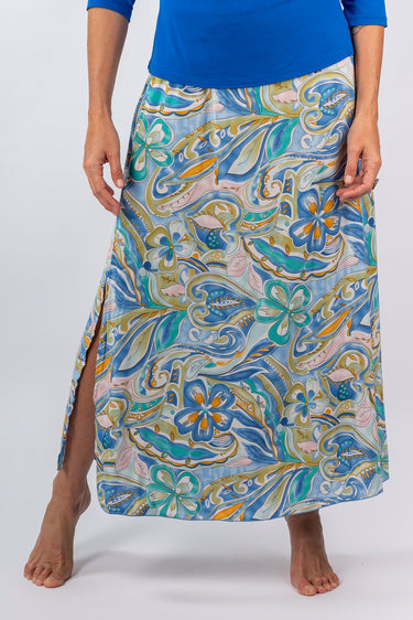 Close-up of super-soft rayon on floral multicolor Chelsea Maxi Skirt With Slits print placement varies