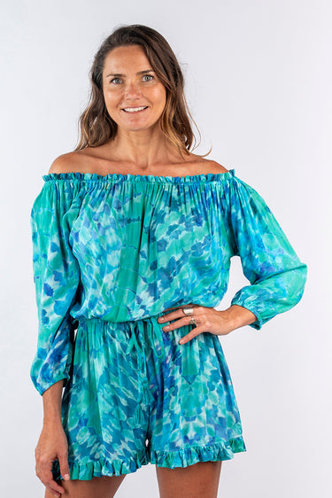 Close-up of super-soft rayon on green tie-dye Anya Convertible Off-Shoulder Romper artisanal tie-dye no two alike